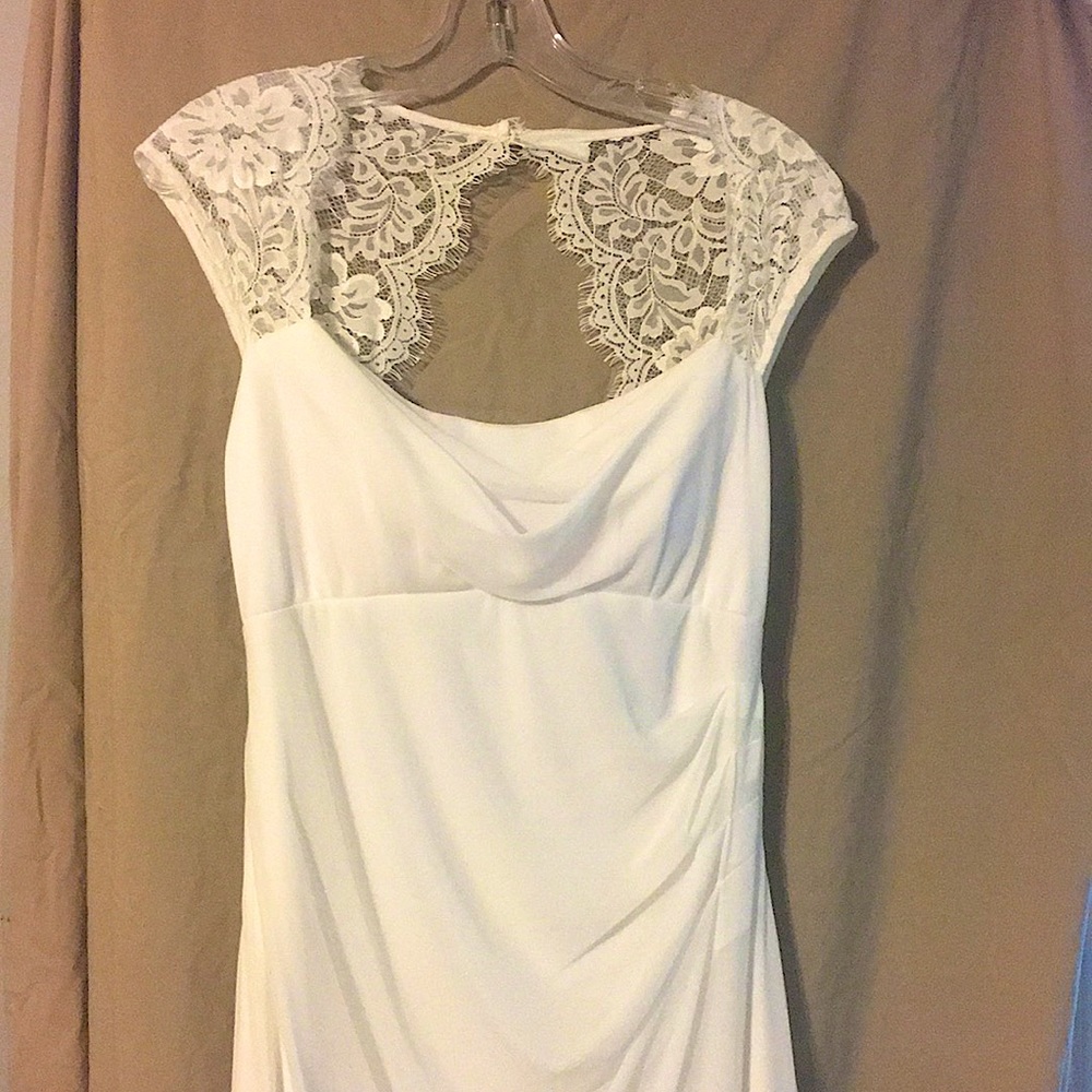 White chiffon dress with lace capped sleeves
